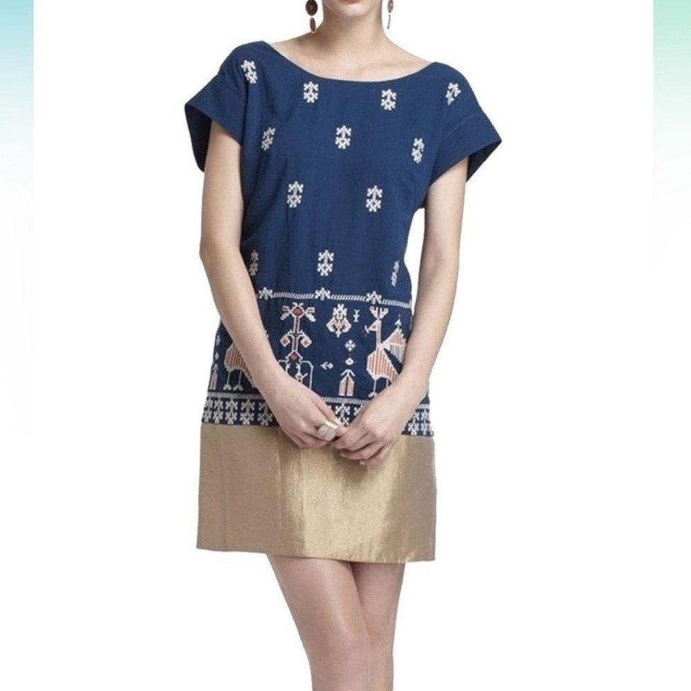 Anthropologie Floreat Teal Blue Embroidered‎ Folk Art Gold Hem Mini Dress Size 8